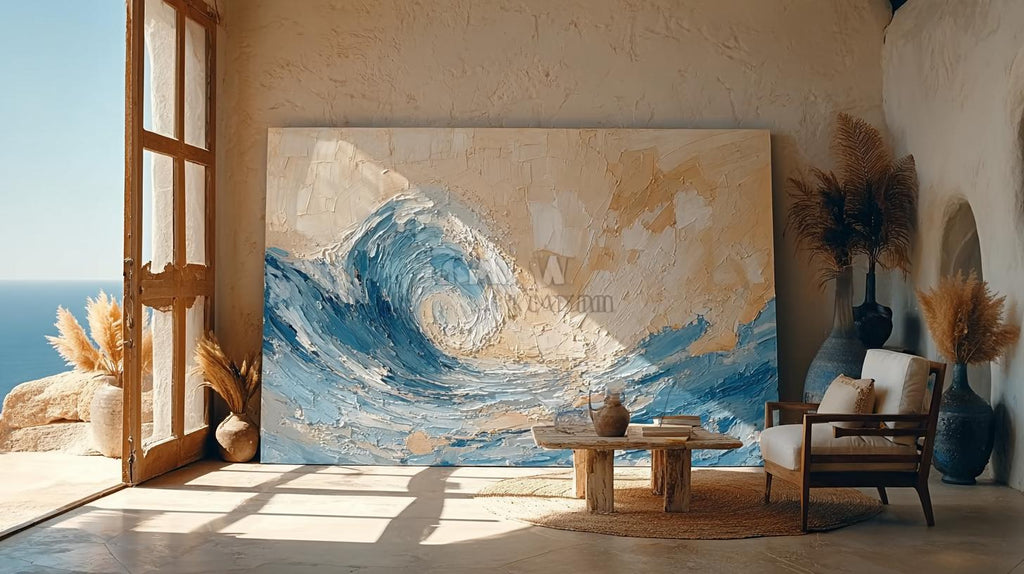 Large Textured Ocean Wave Painting, 3D Impasto Canvas Art