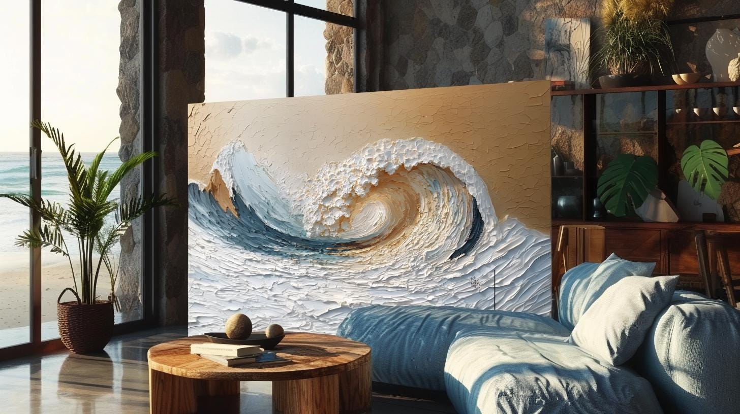 Large Textured Ocean Wave Painting, 3D Impasto Canvas Art