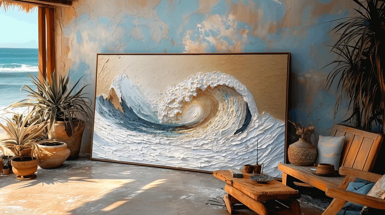 Large Textured Ocean Wave Painting, 3D Impasto Canvas Art