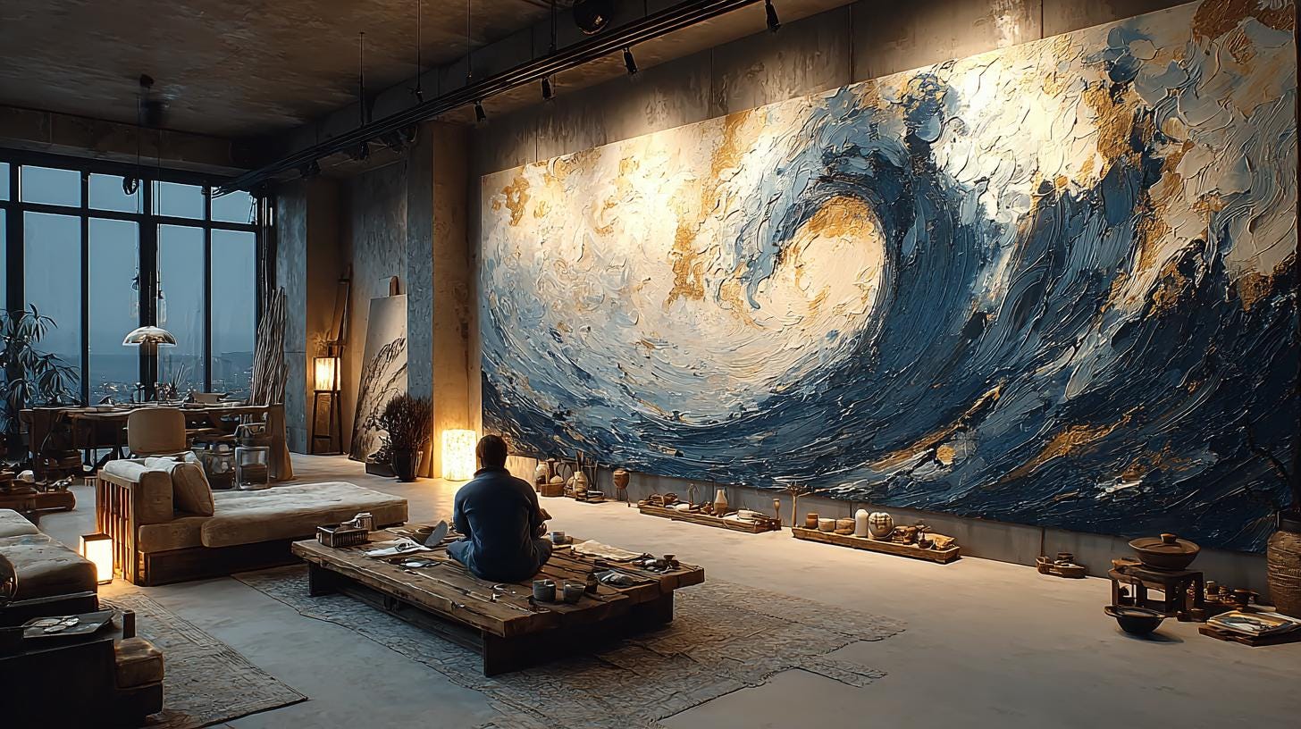 Large Textured Ocean Wave Painting, 3D Impasto Canvas Art