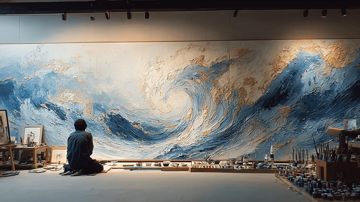 Large Textured Ocean Wave Painting, 3D Impasto Canvas Art