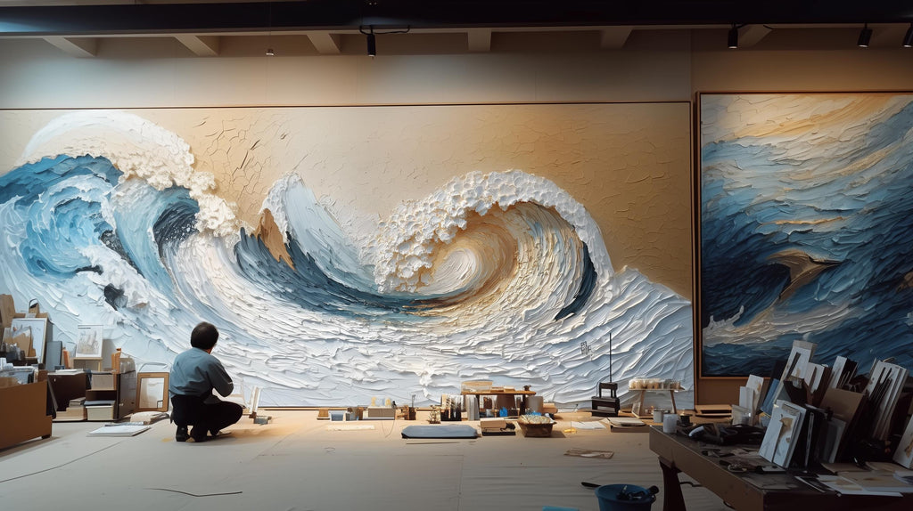 Large Textured Ocean Wave Painting, 3D Impasto Canvas Art