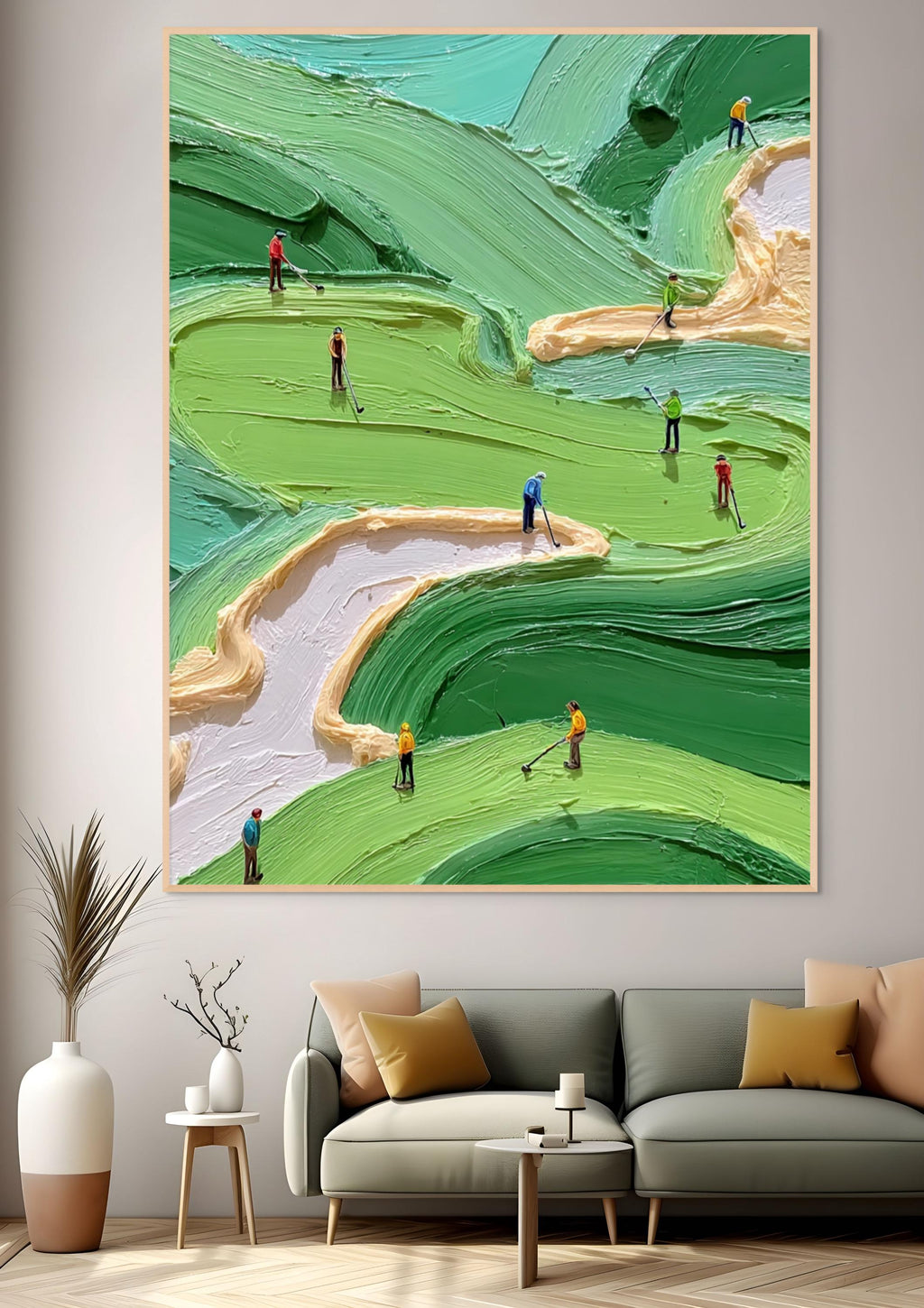Green Golf Course Painting, Textured Abstract Canvas Art