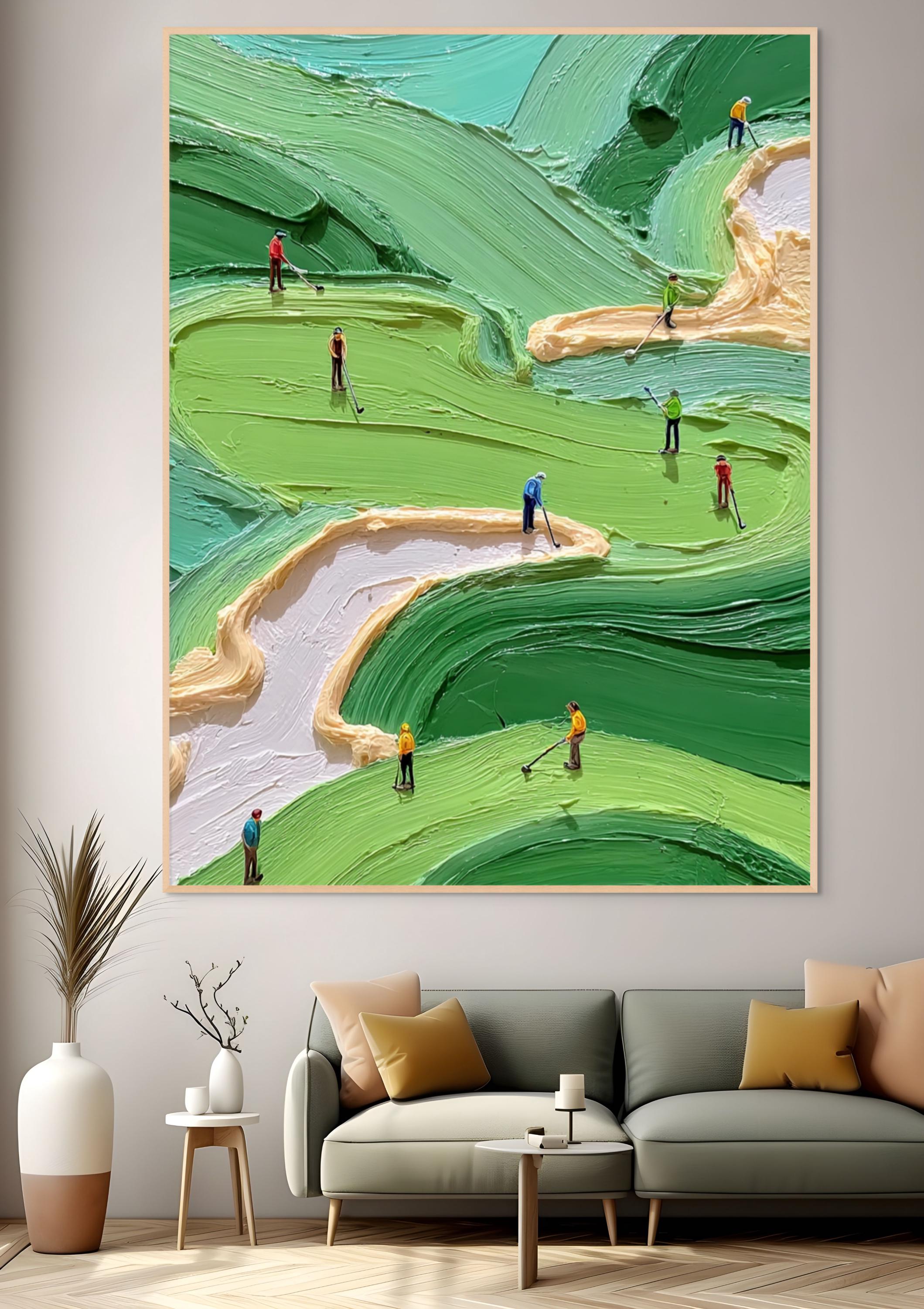 Green Golf Course Painting, Textured Abstract Canvas Art