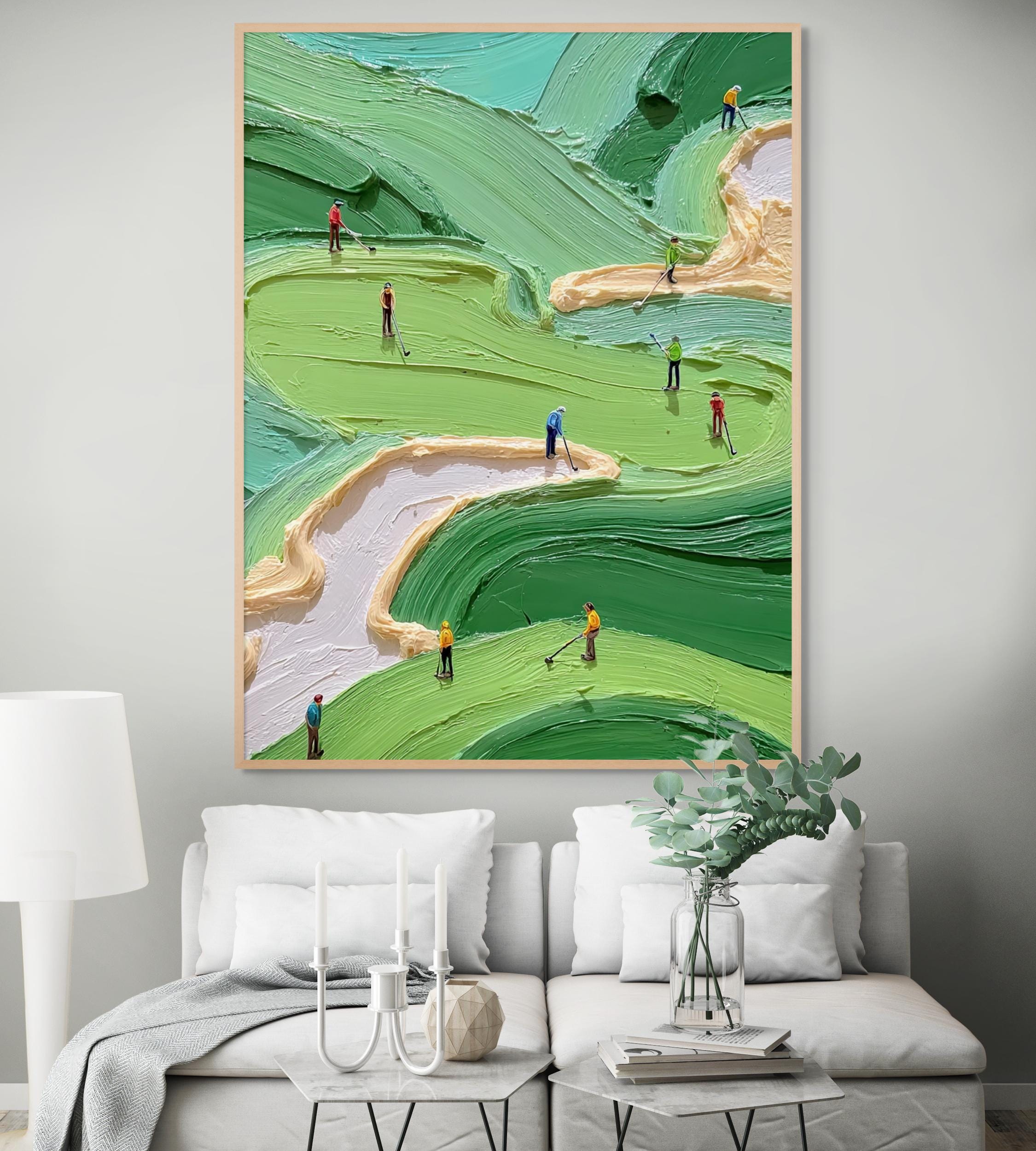 Green Golf Course Painting, Textured Abstract Canvas Art