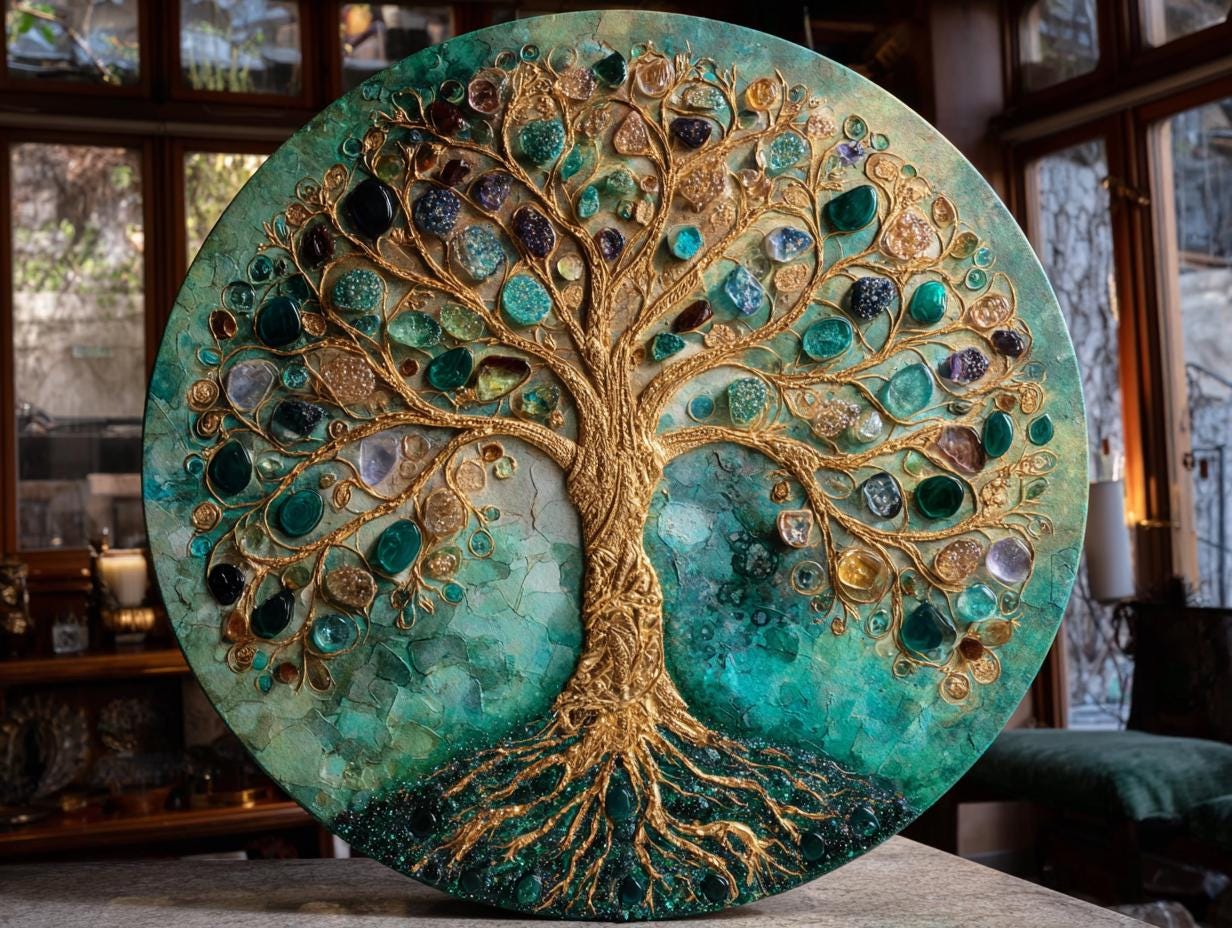 Large Round Resin Tree Canvas Art, Textured 3D Impasto, 50cms