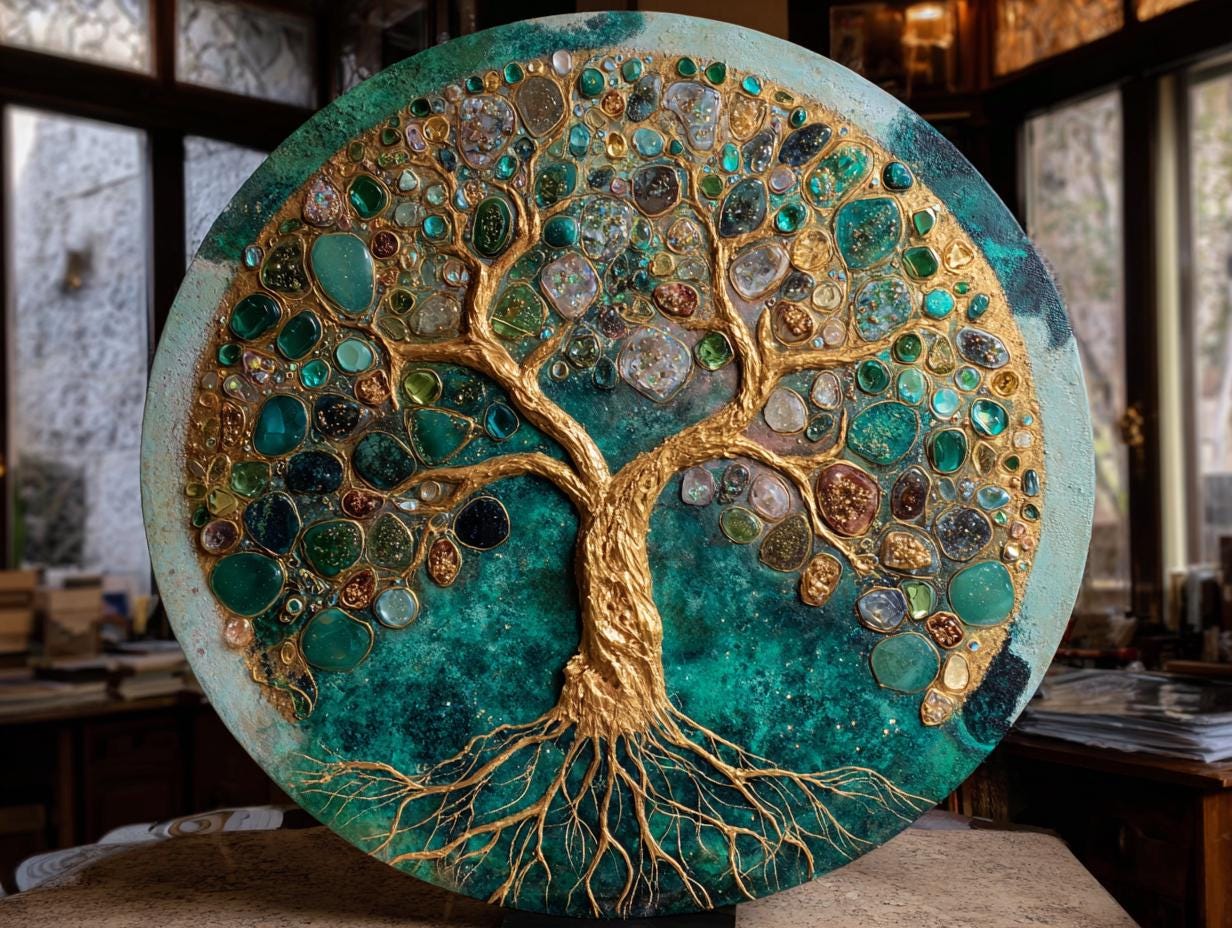 Large Round Resin Tree Canvas Art, Textured 3D Impasto, 50cms