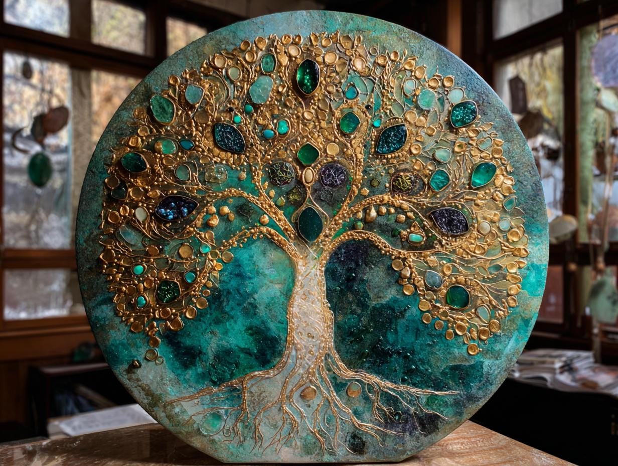 Large Round Resin Tree Canvas Art, Textured 3D Impasto, 50cms