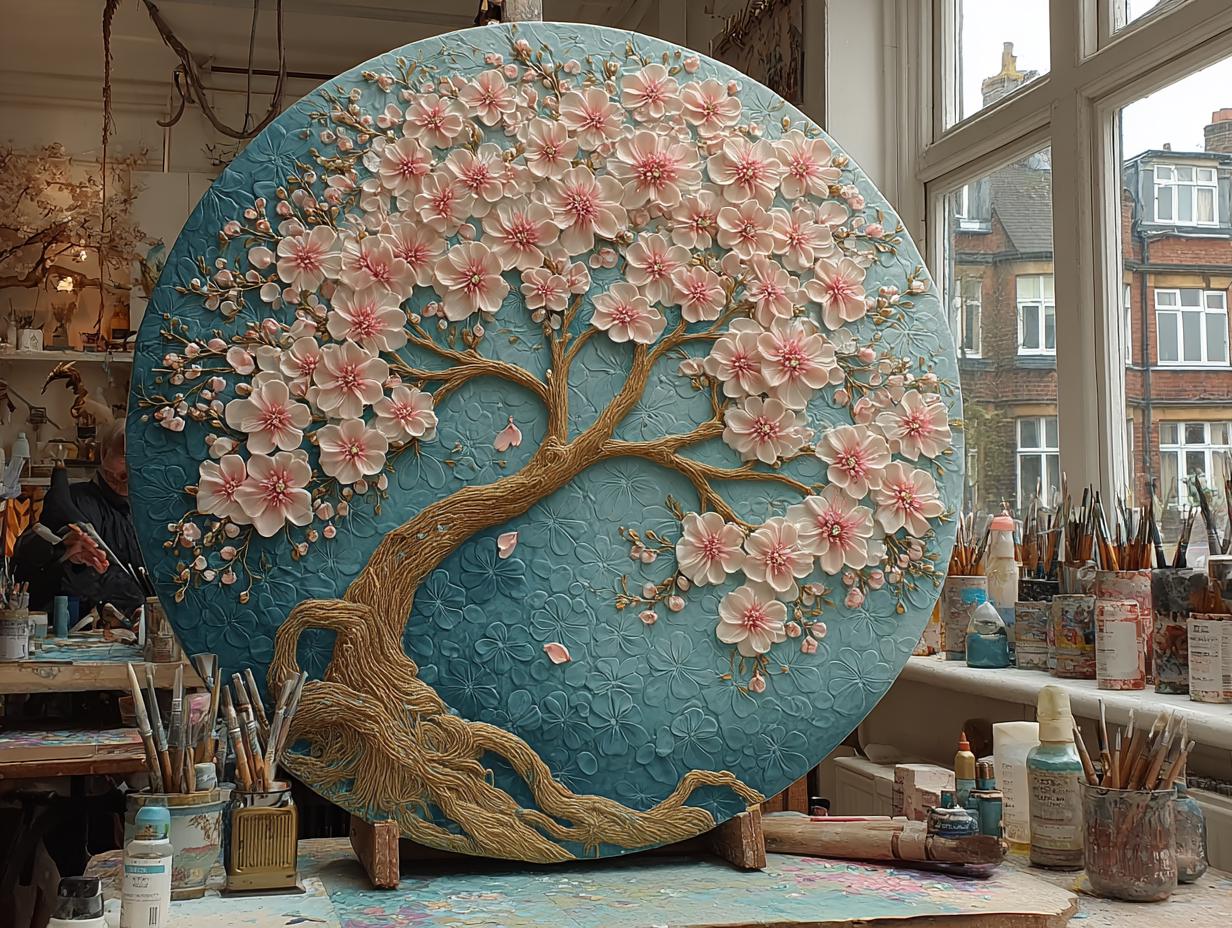 Textured Tree Wall Art  Blue  Large Original Round Canvas Resin Tree,  Living Abstract Canvas Art 3D Impasto Room Decor 50cms 40 cm 30 cm