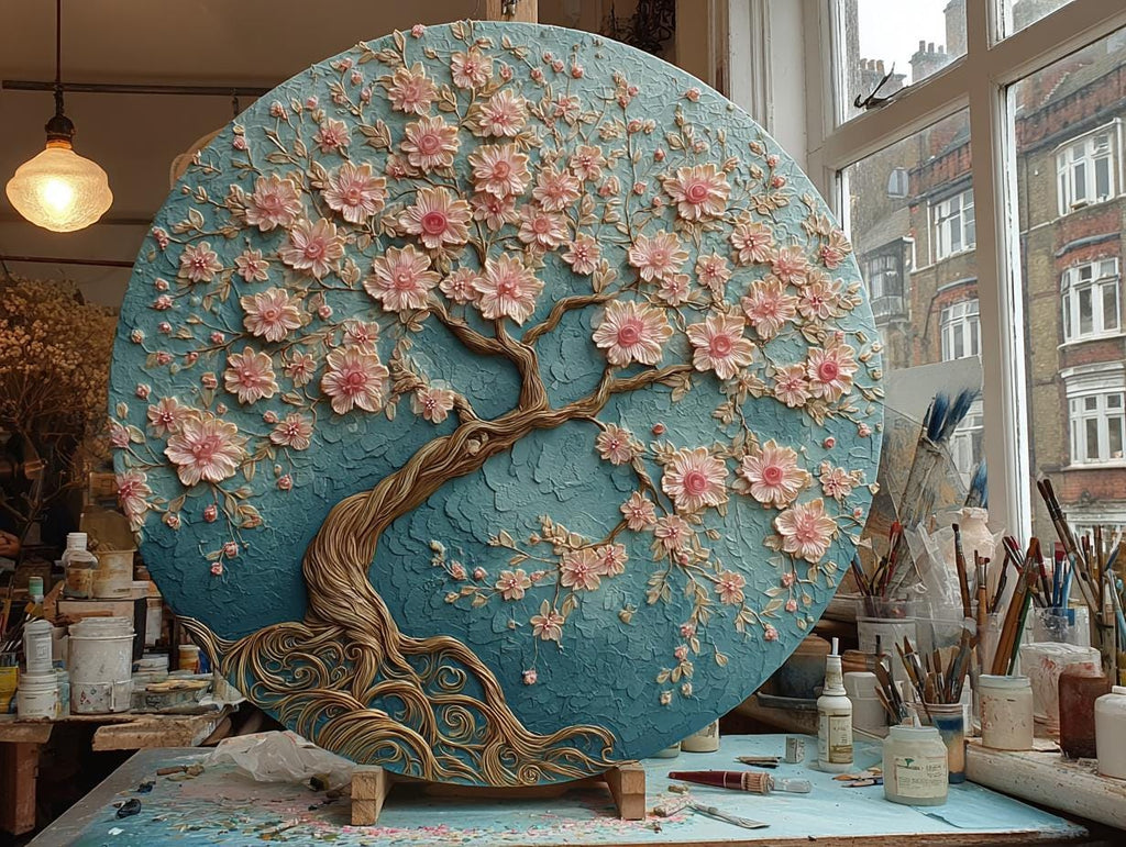 Textured Tree Wall Art  Blue  Large Original Round Canvas Resin Tree,  Living Abstract Canvas Art 3D Impasto Room Decor 50cms 40 cm 30 cm
