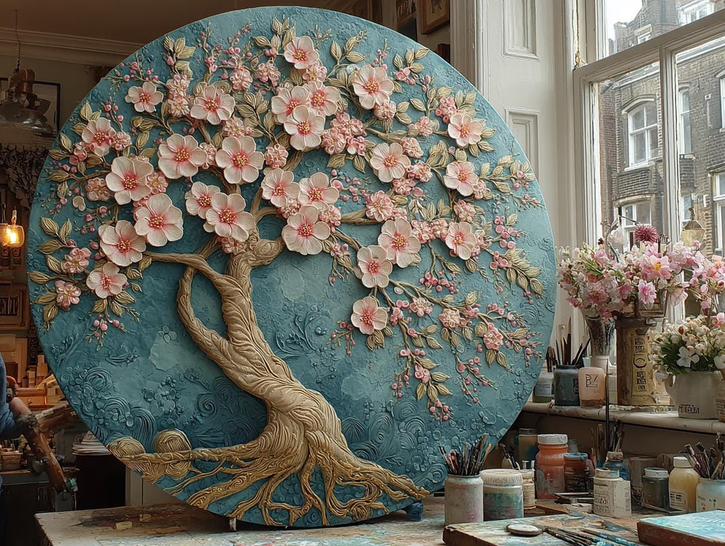 Textured Tree Wall Art  Blue  Large Original Round Canvas Resin Tree,  Living Abstract Canvas Art 3D Impasto Room Decor 50cms 40 cm 30 cm
