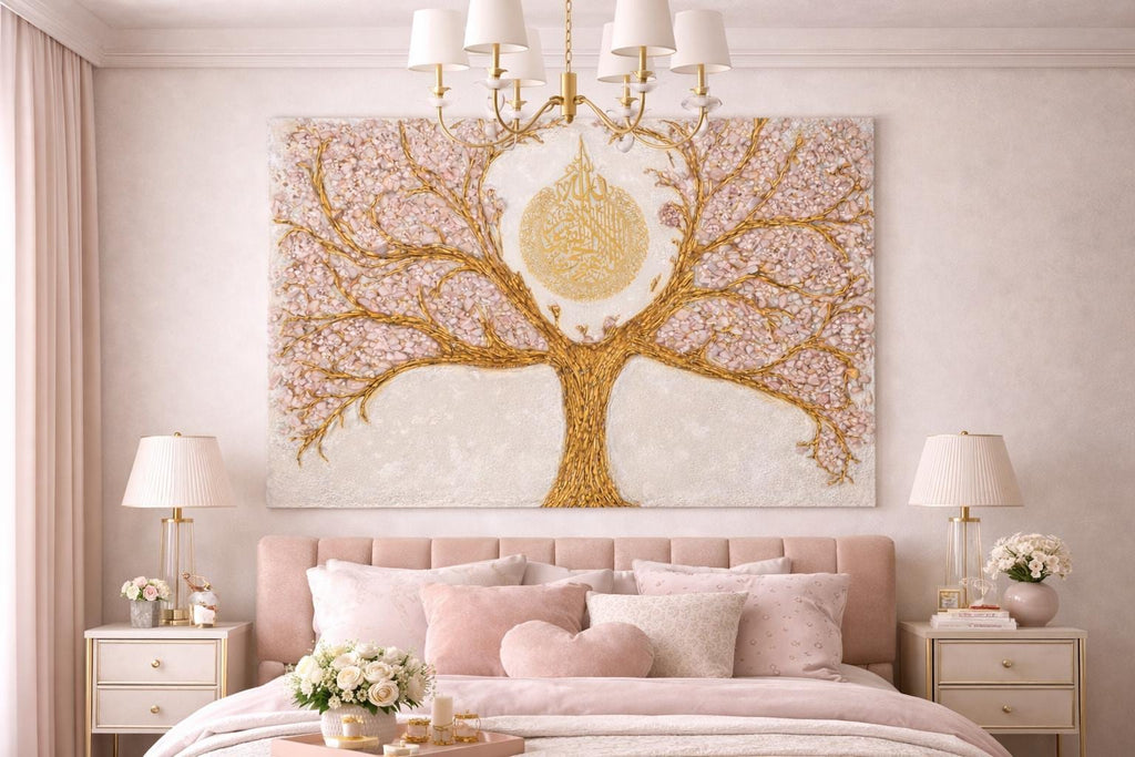 Luxurious Eid Gift  Unique  Ayatul Kursi Gold Tree Rose Quartz Canvas Painting Abstract Textured Minimalist Large  Living Room Decor