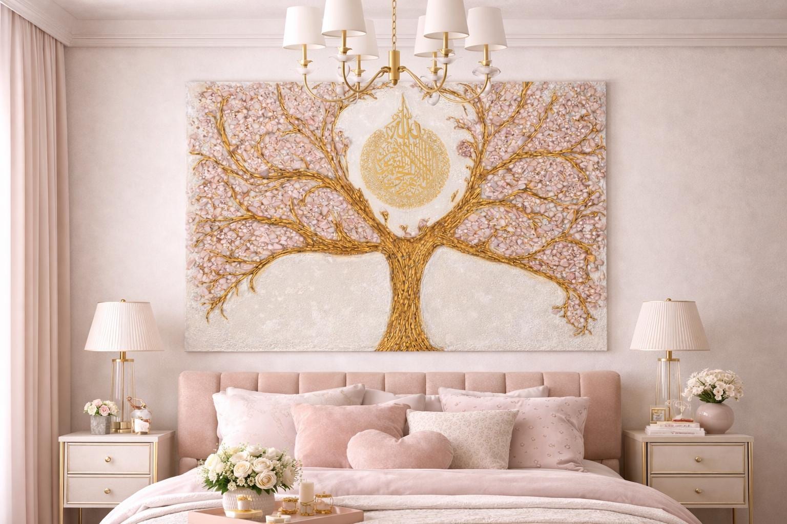 Luxurious Eid Gift  Unique  Ayatul Kursi Gold Tree Rose Quartz Canvas Painting Abstract Textured Minimalist Large  Living Room Decor