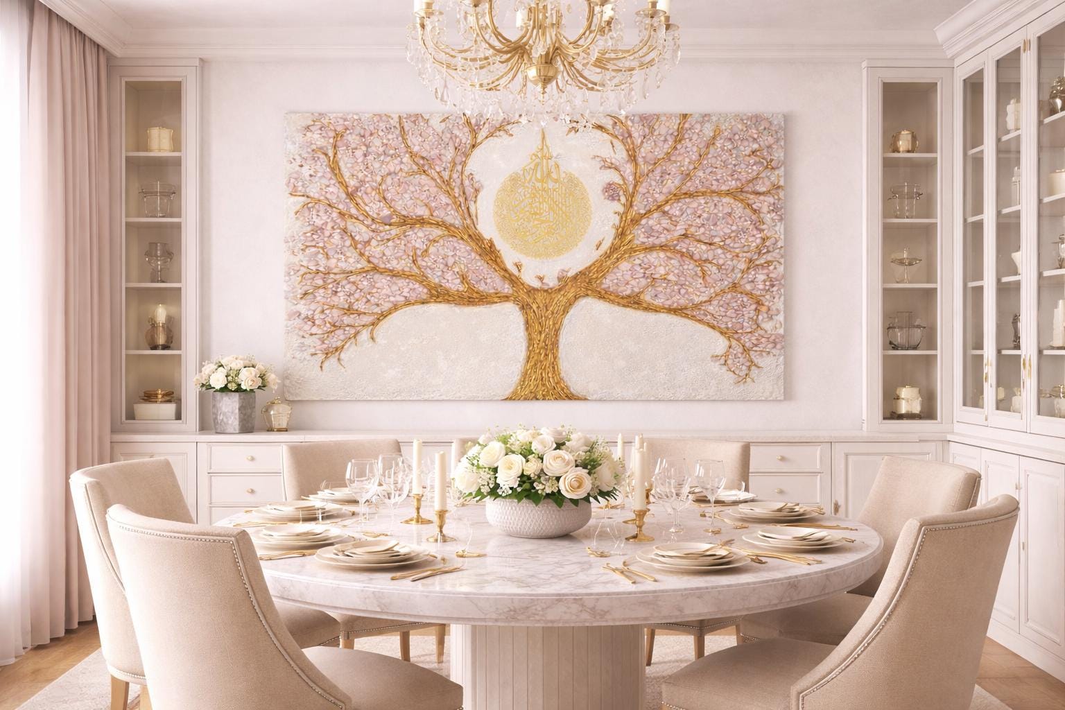 Luxurious Eid Gift  Unique  Ayatul Kursi Gold Tree Rose Quartz Canvas Painting Abstract Textured Minimalist Large  Living Room Decor