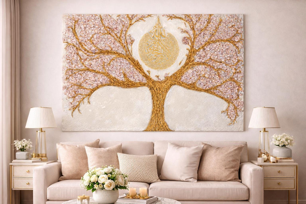 Luxurious Eid Gift  Unique  Ayatul Kursi Gold Tree Rose Quartz Canvas Painting Abstract Textured Minimalist Large  Living Room Decor