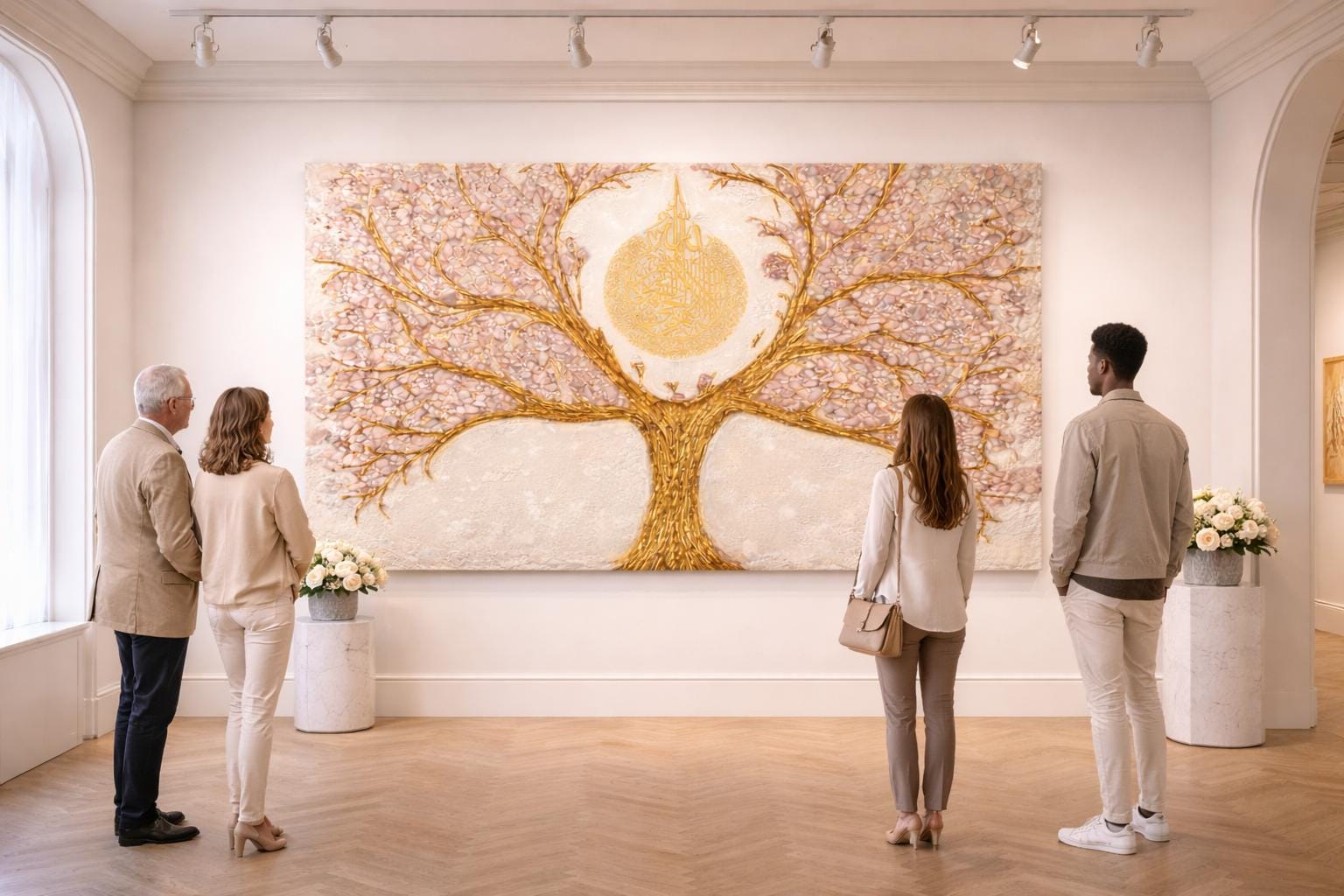 Luxurious Eid Gift  Unique  Ayatul Kursi Gold Tree Rose Quartz Canvas Painting Abstract Textured Minimalist Large  Living Room Decor