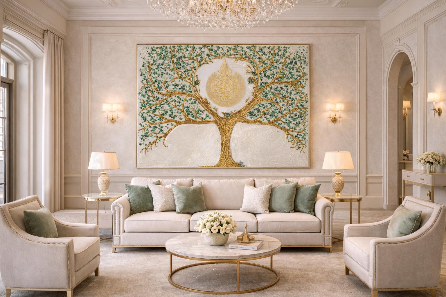 Luxurious Tree Eid Gift  Unique  Ayatul Kursi Gold Emerald precious stone Green Canvas Painting Textured Minimalist Large  Living Room Decor
