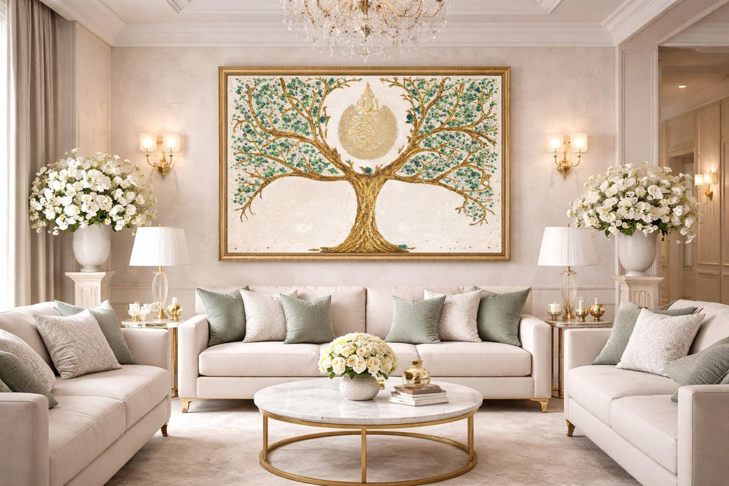 Luxurious Tree Eid Gift  Unique  Ayatul Kursi Gold Emerald precious stone Green Canvas Painting Textured Minimalist Large  Living Room Decor