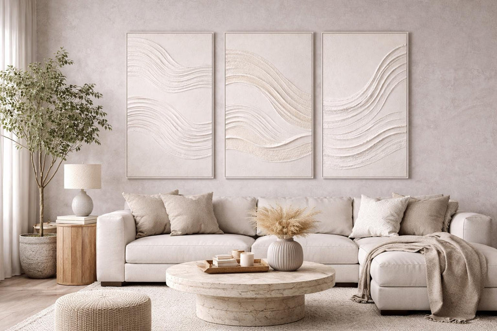 Original Neutral White Oil Painting on Canvas, Abstract Texture, Large Wall Art set of 3