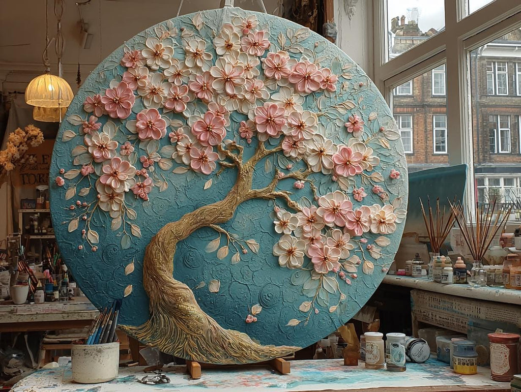 Textured Tree Wall Art  Blue  Large Original Round Canvas Resin Tree,  Living Abstract Canvas Art 3D Impasto Room Decor 50cms 40 cm 30 cm