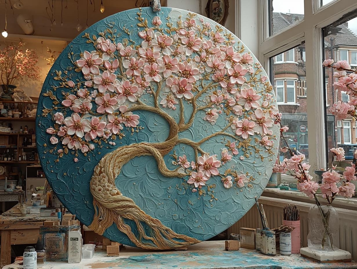 Textured Tree Wall Art  Blue  Large Original Round Canvas Resin Tree,  Living Abstract Canvas Art 3D Impasto Room Decor 50cms 40 cm 30 cm