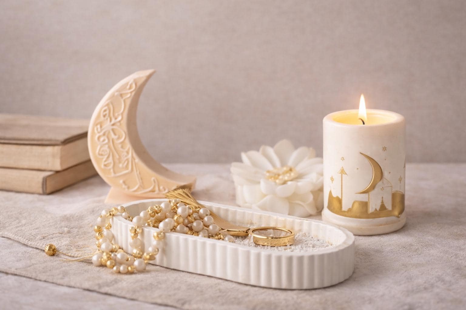 Ramadan Candle: Oud White Musk Scent, Crescent Moon Decor