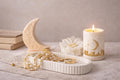 Ramadan Candle: Oud White Musk Scent, Round with Gold  Crescent Moon Decor