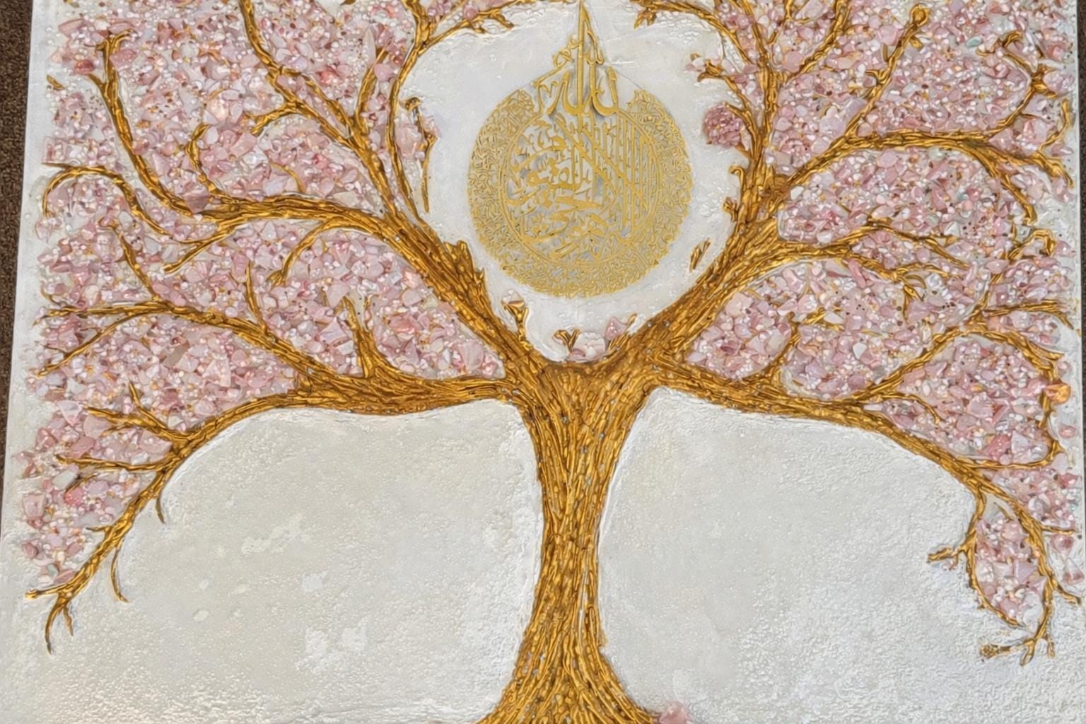 Luxurious Eid Gift  Unique  Ayatul Kursi Gold Tree Rose Quartz Canvas Painting Abstract Textured Minimalist Large  Living Room Decor
