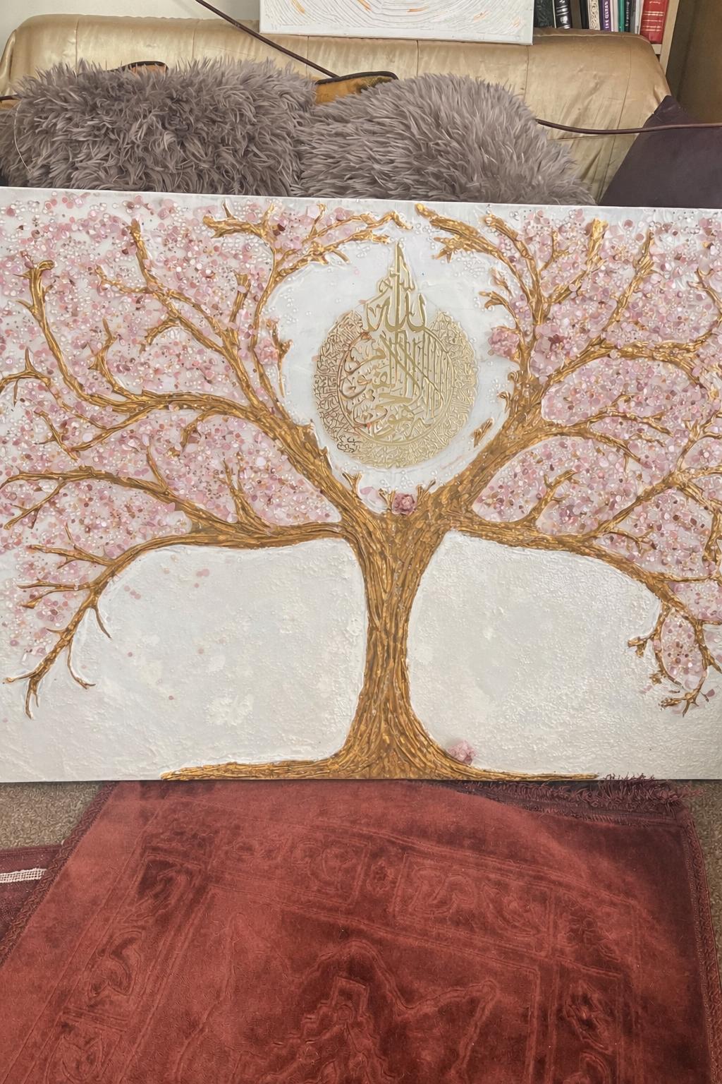 Luxurious Eid Gift  Unique  Ayatul Kursi Gold Tree Rose Quartz Canvas Painting Abstract Textured Minimalist Large  Living Room Decor