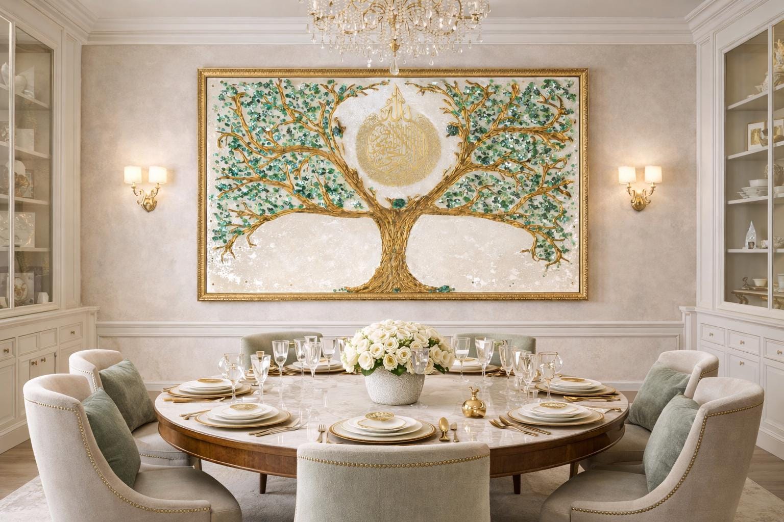 Luxurious Tree Eid Gift  Unique  Ayatul Kursi Gold Emerald precious stone Green Canvas Painting Textured Minimalist Large  Living Room Decor