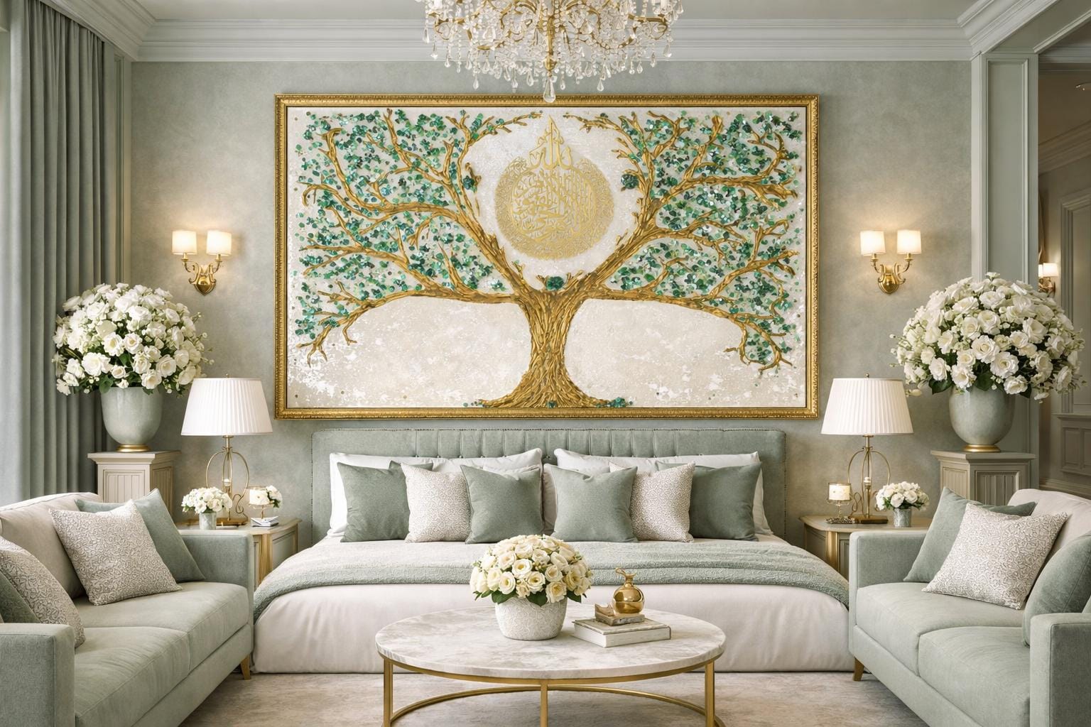 Luxurious Tree Eid Gift  Unique  Ayatul Kursi Gold Emerald precious stone Green Canvas Painting Textured Minimalist Large  Living Room Decor