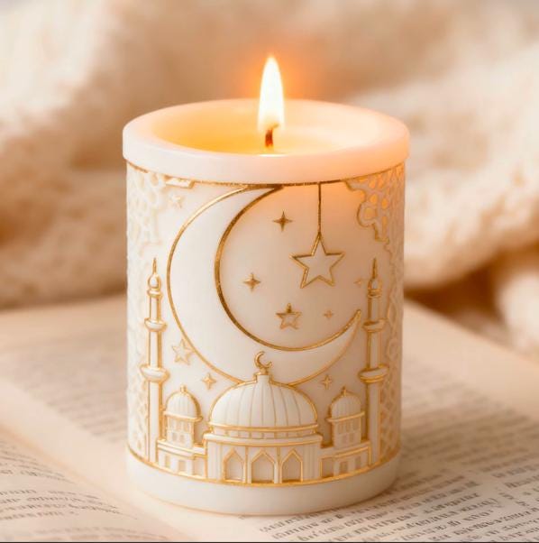 Gift Box Eid Ramadan Hamper basket i White Ribbed Trinklet, mosque candle and flower Oud  Musk Eid  candles made from soy wax  Islamic Vegan