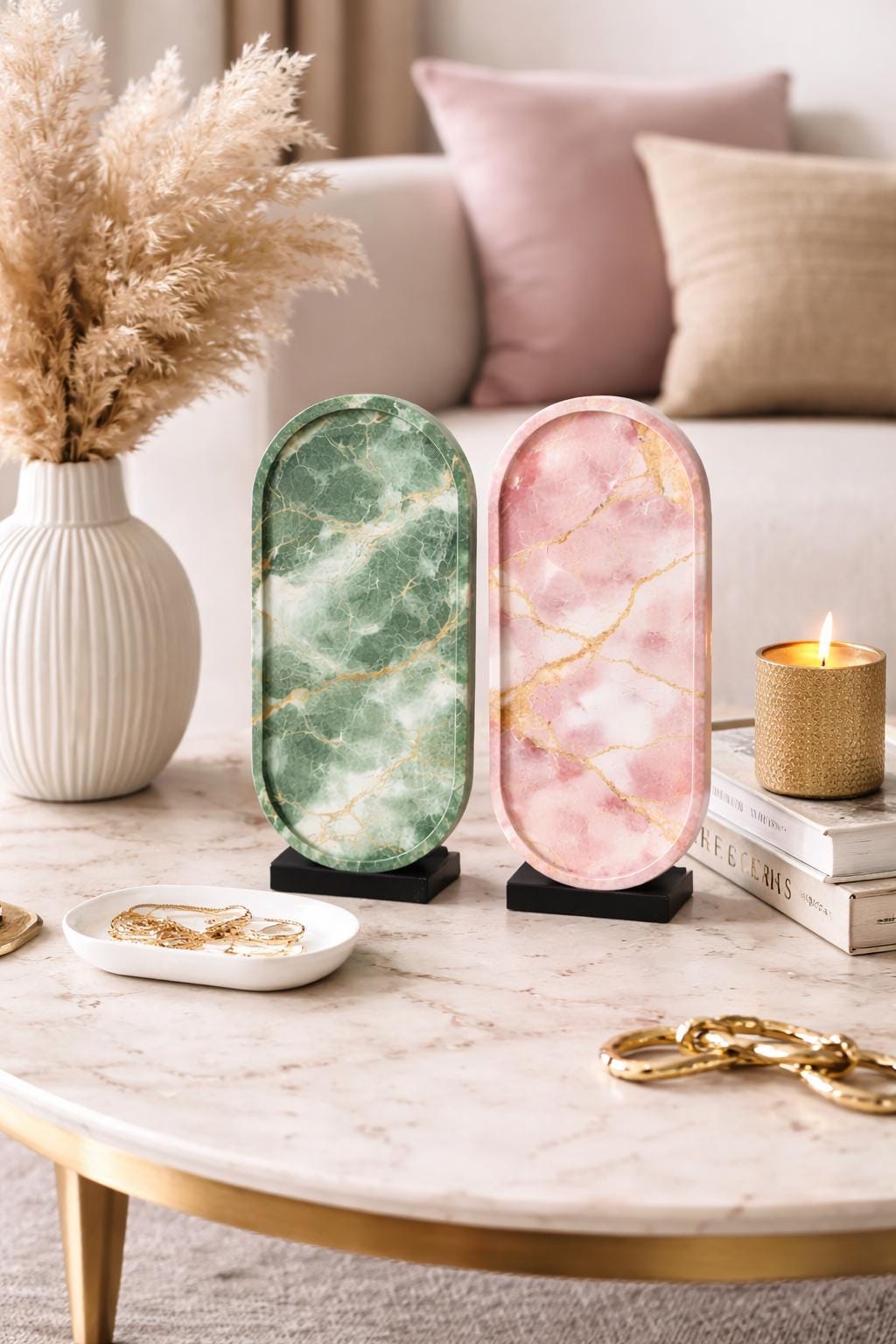 Handmade Jesmonite Oval Tray: Marble Effect Candle & Trinket Dish