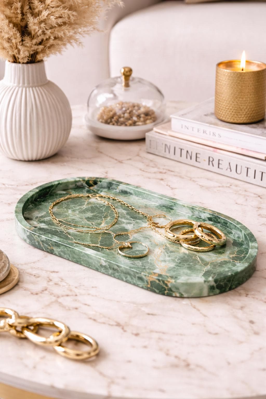 Handmade Jesmonite Oval Tray: Marble Effect Candle & Trinket Dish