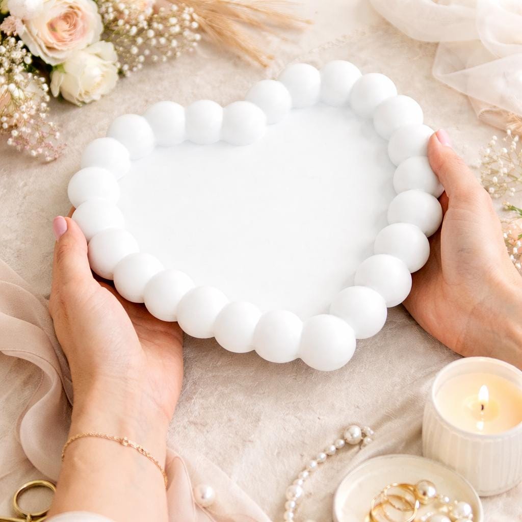 Handmade Jesmonite Heart Tray, Bobble Design, Neutral Home Decor