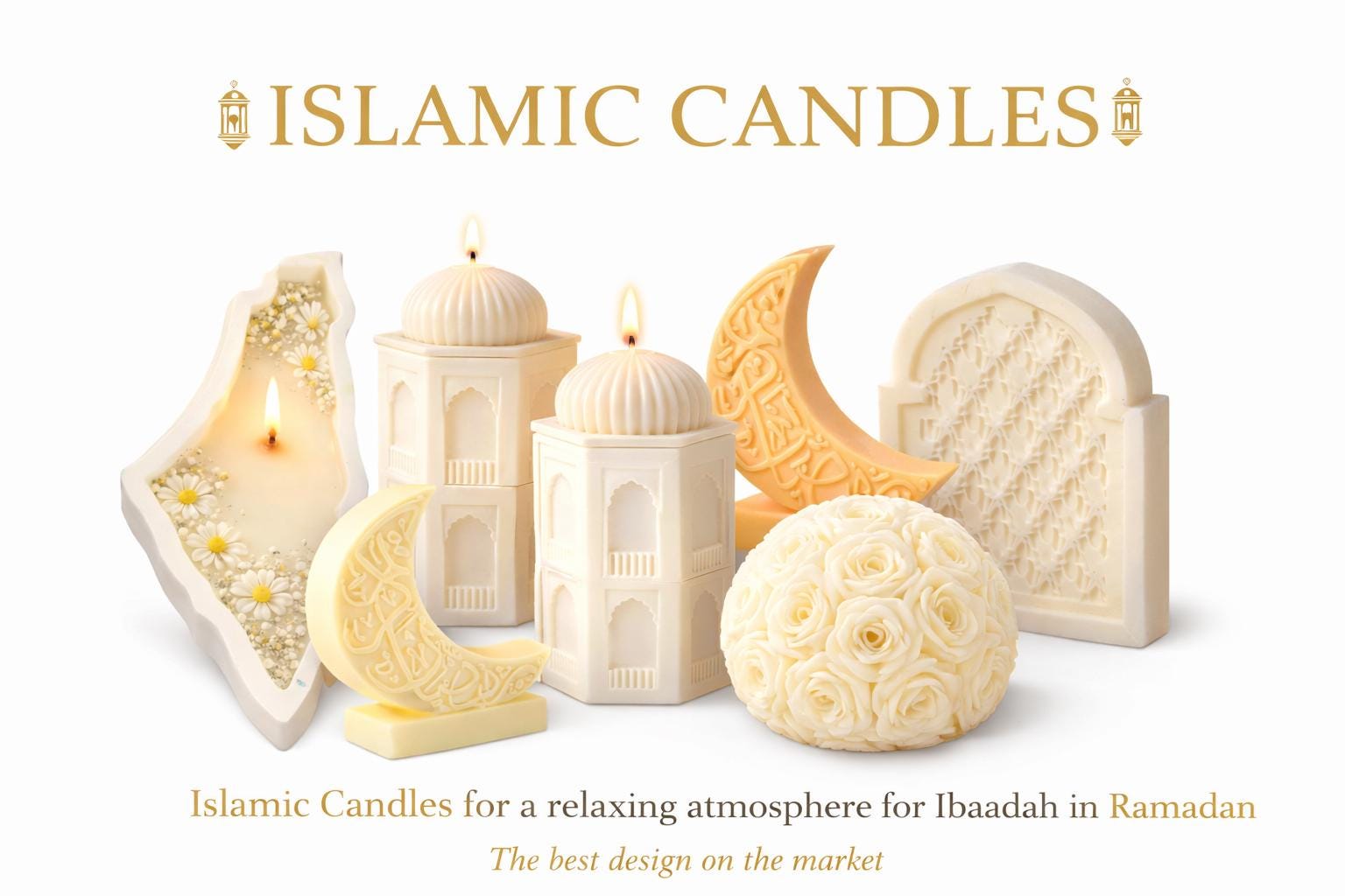 Ramadan Candle: Oud White Musk Scent, Round with Gold  Crescent Moon Decor