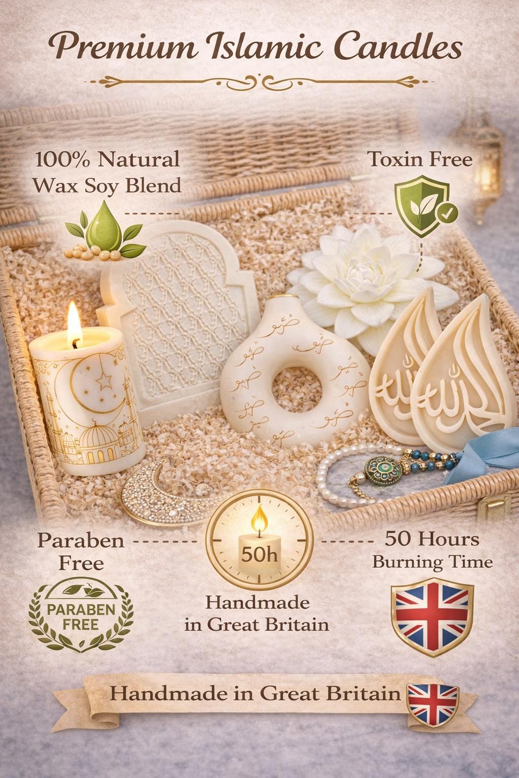 Ramadan Candle: Oud White Musk Scent, Round with Gold  Crescent Moon Decor