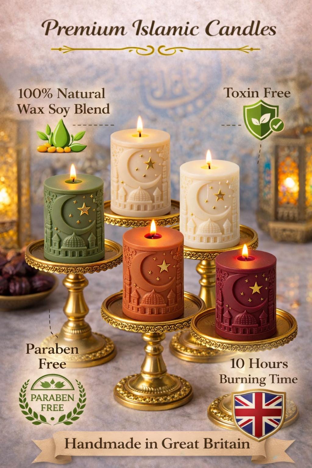Ramadan Eid Candle Decor Colour : Oud White Musk Scent, Crescent Moon Decor Mosque Gifts