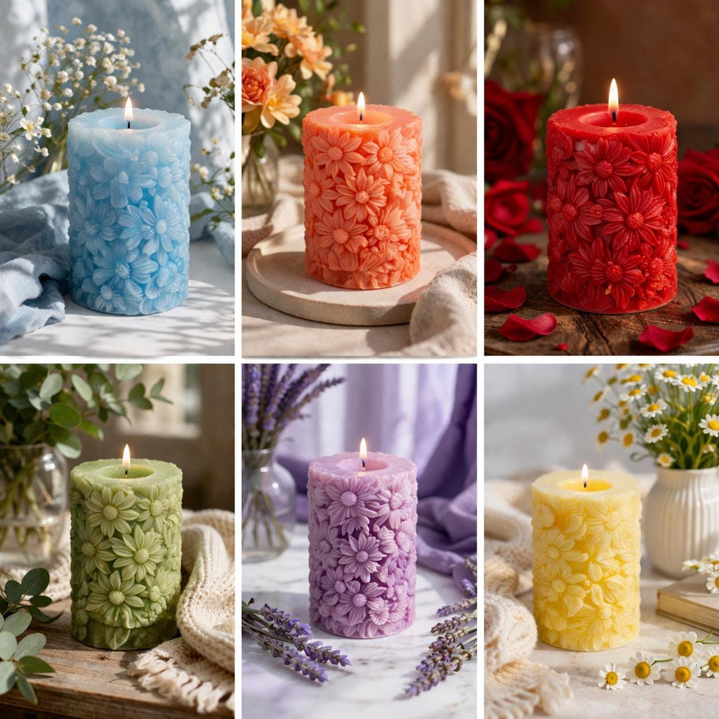 Embossed Floral Pillar Candles  Decorative Flower Wax, Pastel Botanical Home Decor