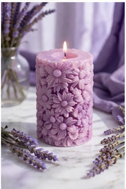 Embossed Floral Pillar Candles  Decorative Flower Wax, Pastel Botanical Home Decor