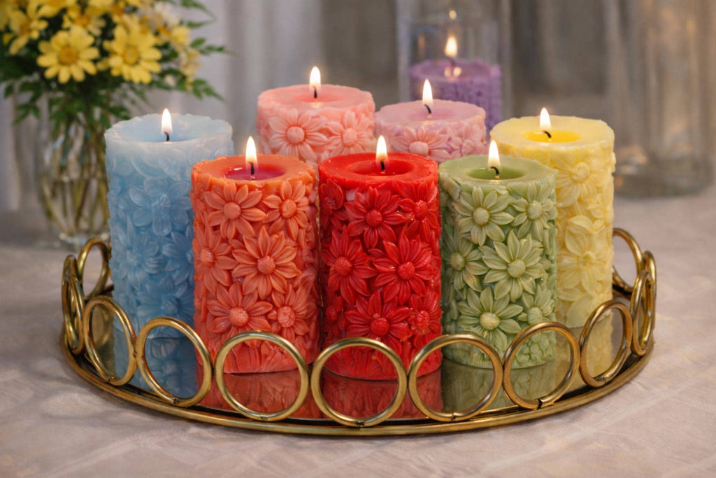 Embossed Floral Pillar Candles  Decorative Flower Wax, Pastel Botanical Home Decor