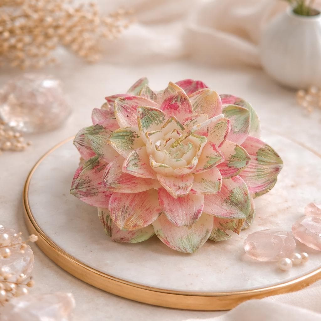 Handmade Lotus Flower Candle | Pink Green Gold Floral Decor, Meditation Wax