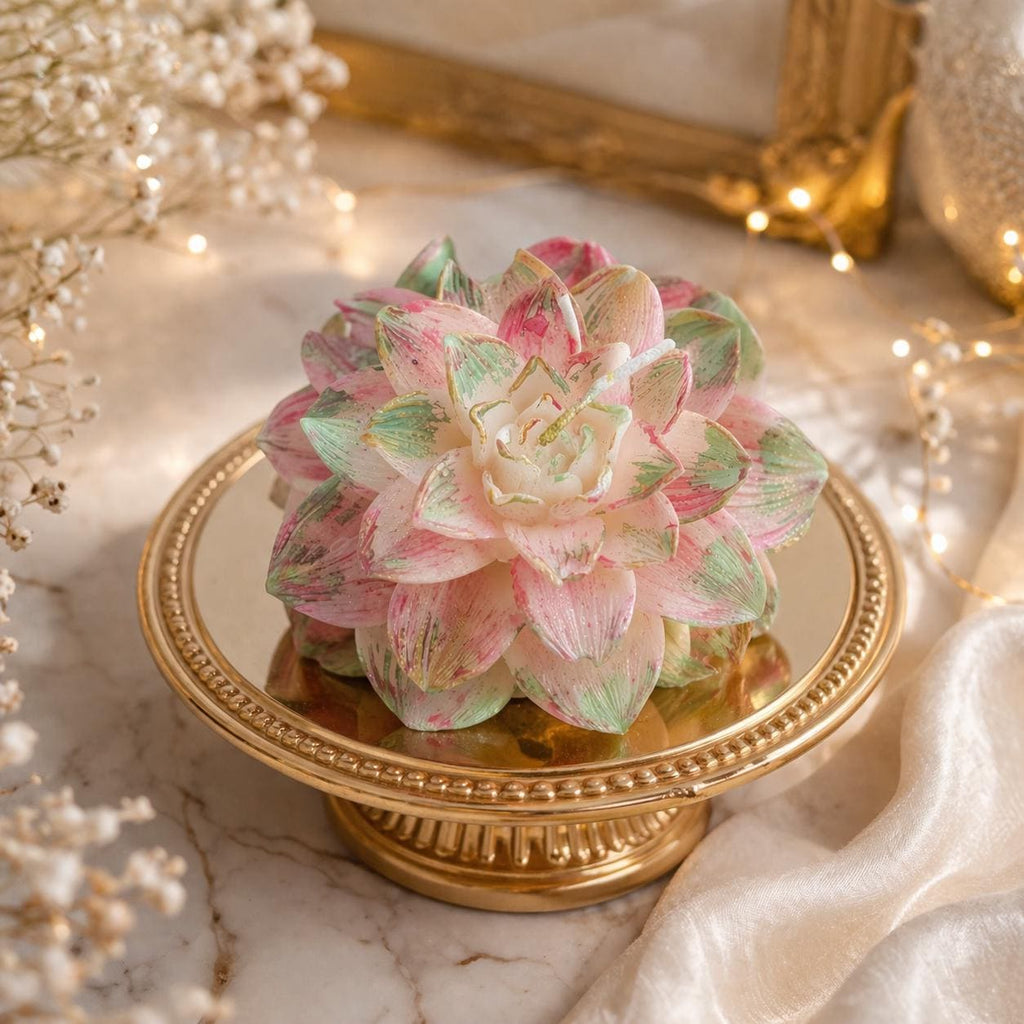 Handmade Lotus Flower Candle | Pink Green Gold Floral Decor, Meditation Wax