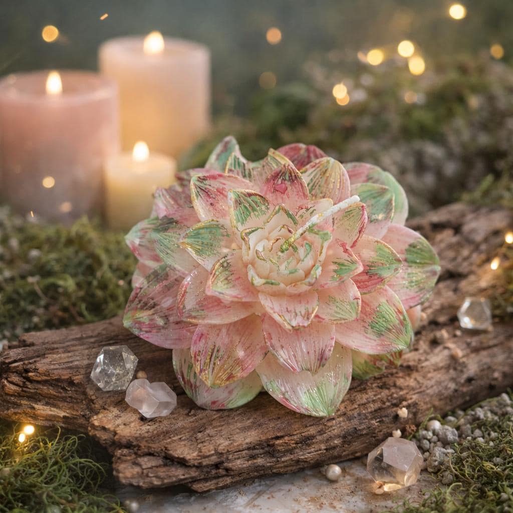 Handmade Lotus Flower Candle | Pink Green Gold Floral Decor, Meditation Wax