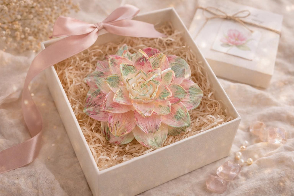 Handmade Lotus Flower Candle | Pink Green Gold Floral Decor, Meditation Wax