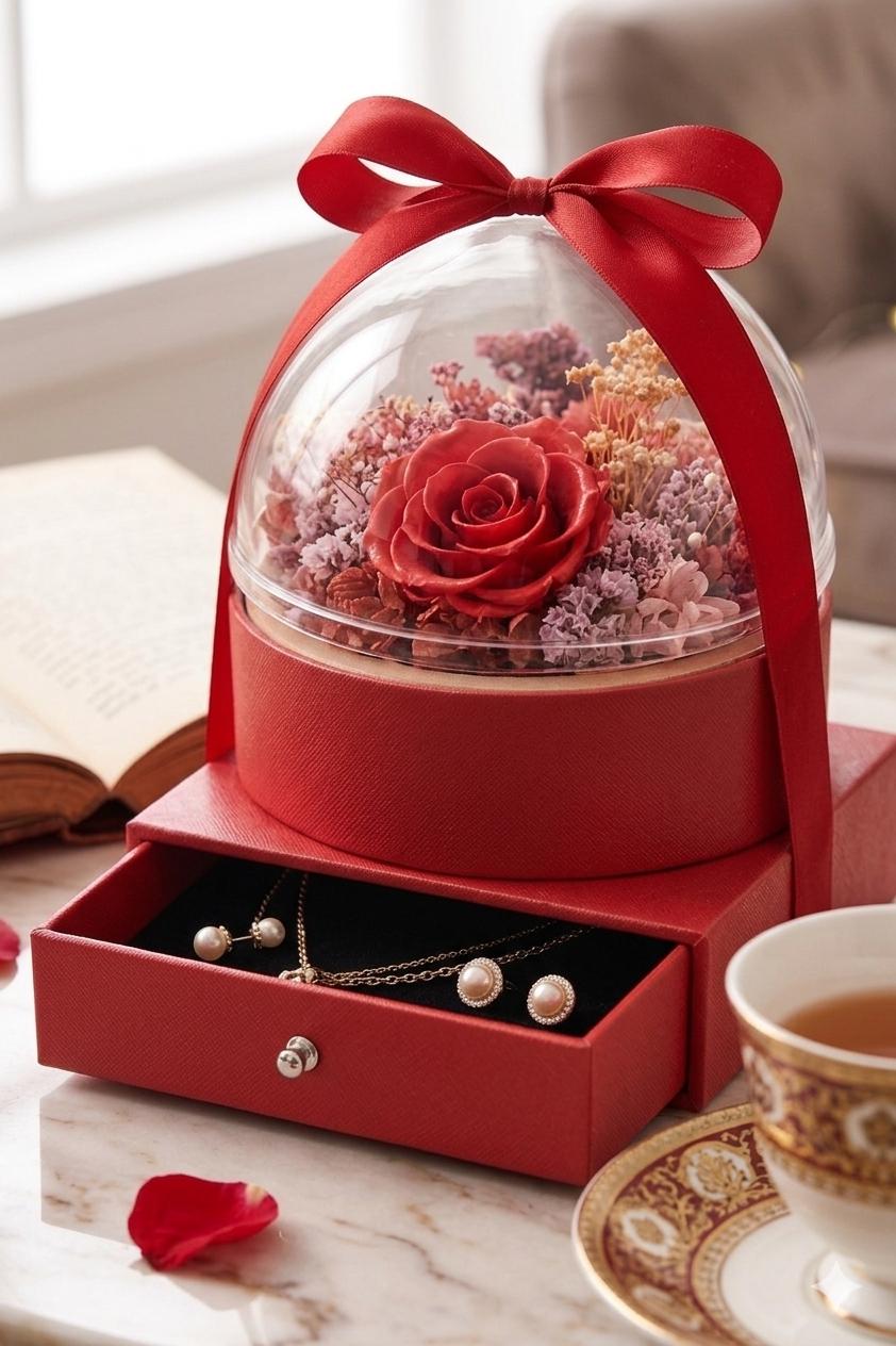 Rose Candle Gift Box with Drawer | Romantic Floral Arrangement, Keepsake Jewelry Storage
