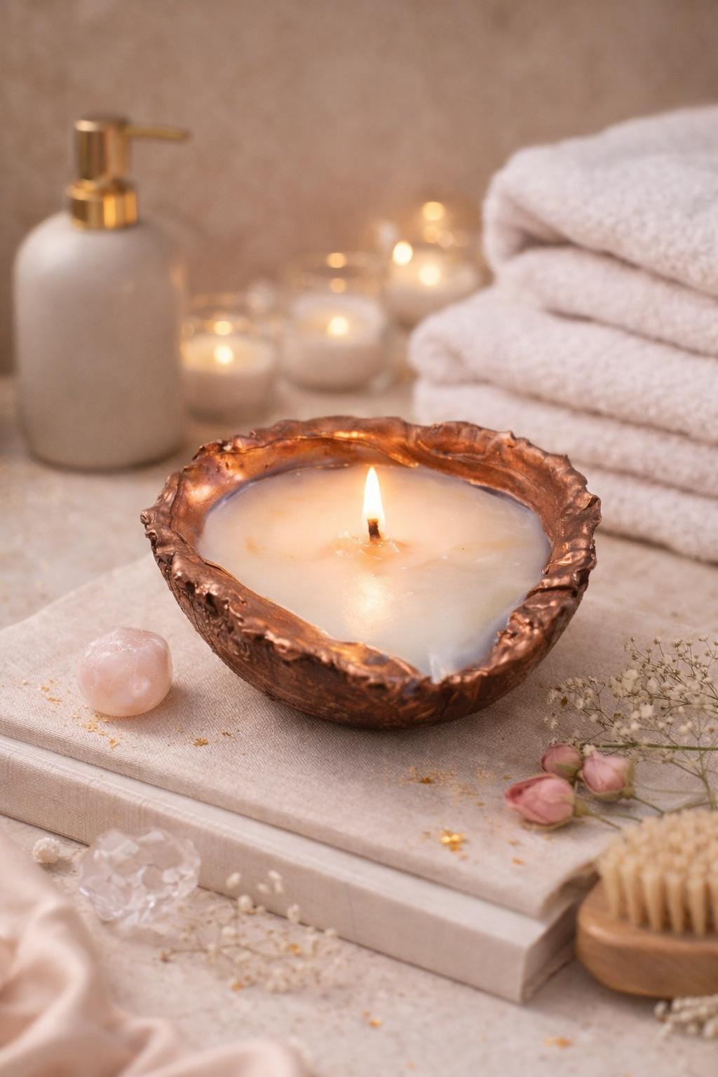 Hand-Poured Coconut Shell Candle | Natural Soy Wax, Metallic Edge, UK Made Spa Home Decor
