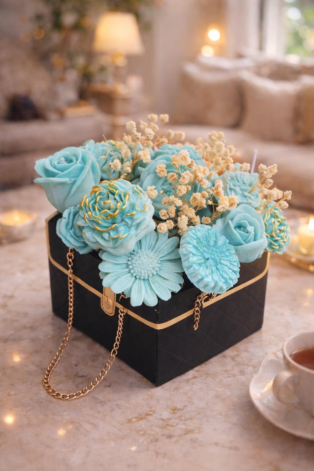 Turquoise Floral Soy Wax Bouquet | Realistic Roses, Daisies in Quilted Box