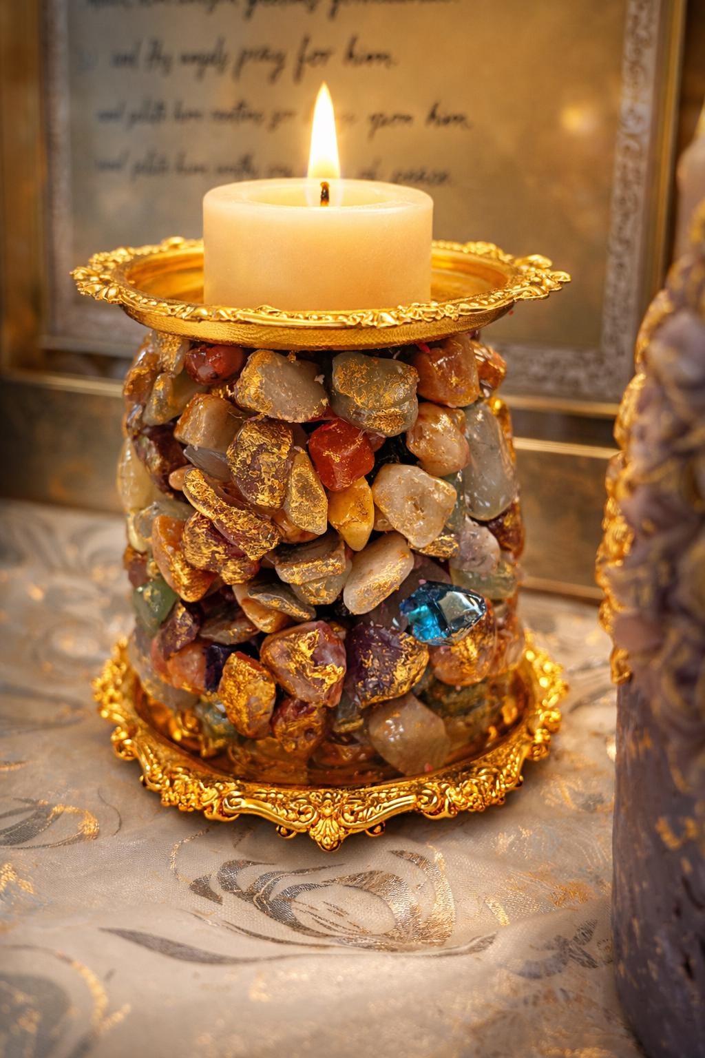Gemstone Candle Holder  Gold Decor, Crystal Candle Holder, Luxury Home Decor, Unique Gift, Boho Candle Stand