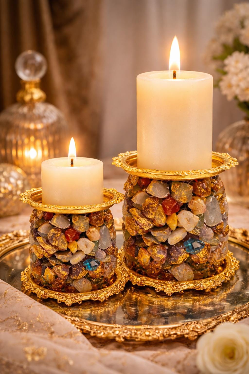 Gemstone Candle Holder  Gold Decor, Crystal Candle Holder, Luxury Home Decor, Unique Gift, Boho Candle Stand